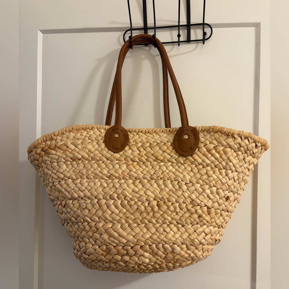 Womens Bonjour Handwoven Straw Tote Handbag Summer Beach Bag with Handles - Picture 2 of 5